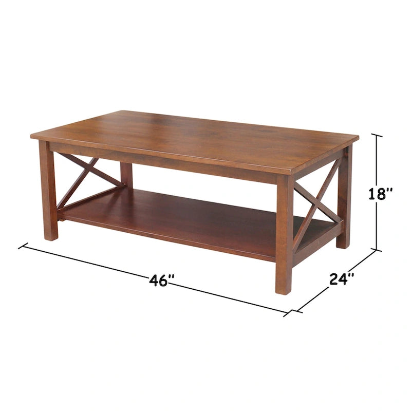 Solid Hardwood Coffee Table with X-Side Design and Lower Storage Shelf