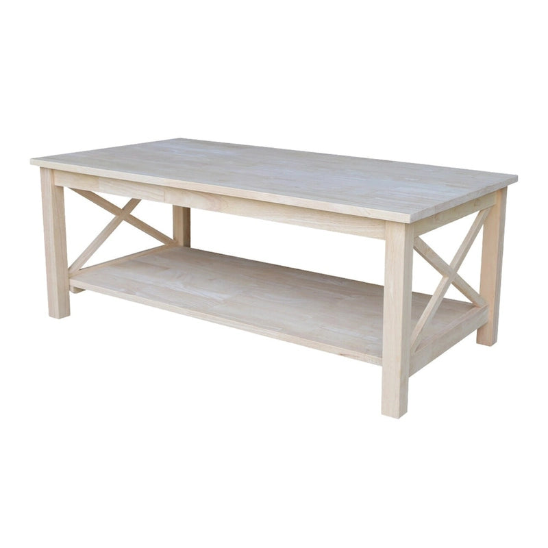 Solid Hardwood Coffee Table with X-Side Design and Lower Storage Shelf