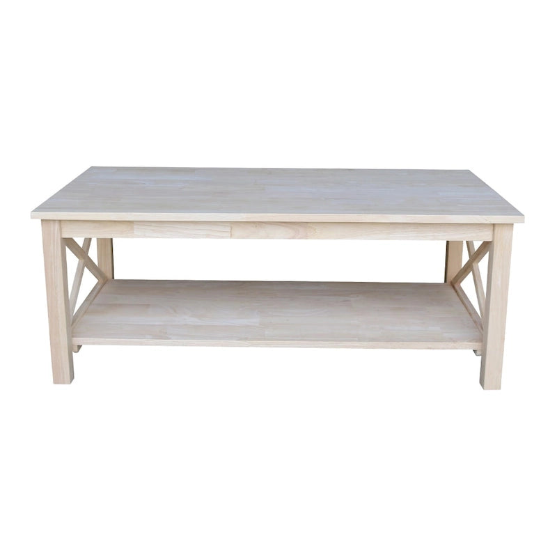 Solid Hardwood Coffee Table with X-Side Design and Lower Storage Shelf