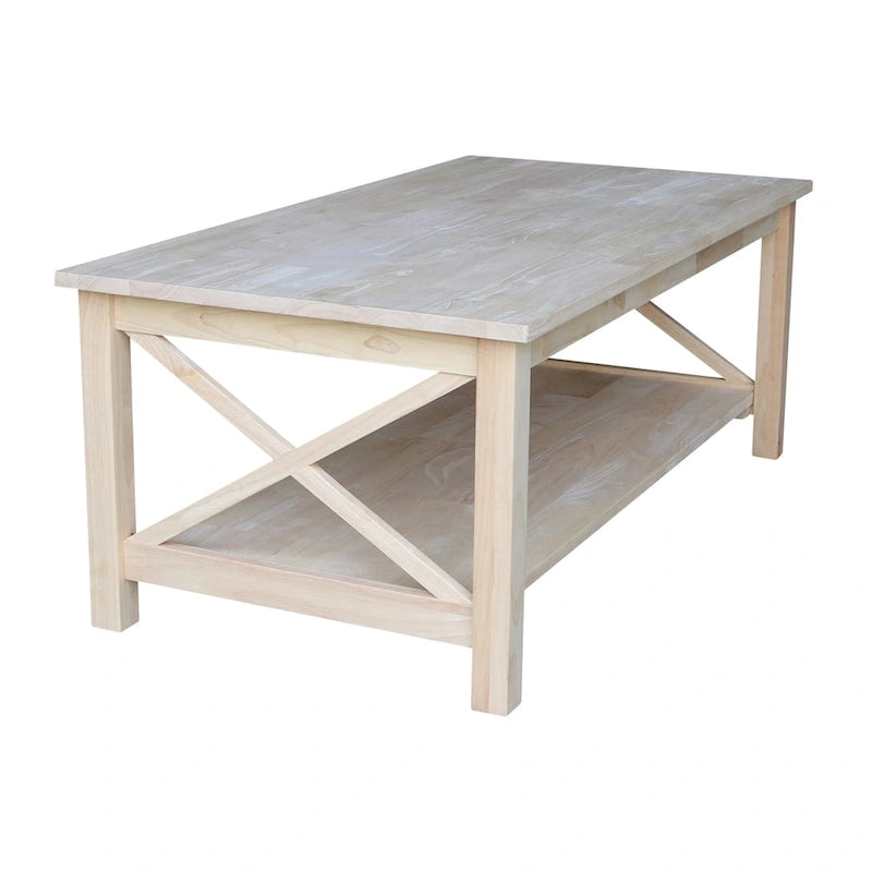 Solid Hardwood Coffee Table with X-Side Design and Lower Storage Shelf
