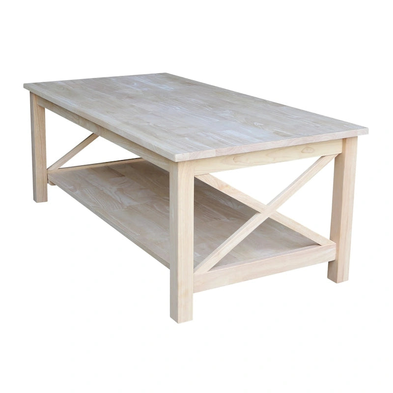 Solid Hardwood Coffee Table with X-Side Design and Lower Storage Shelf
