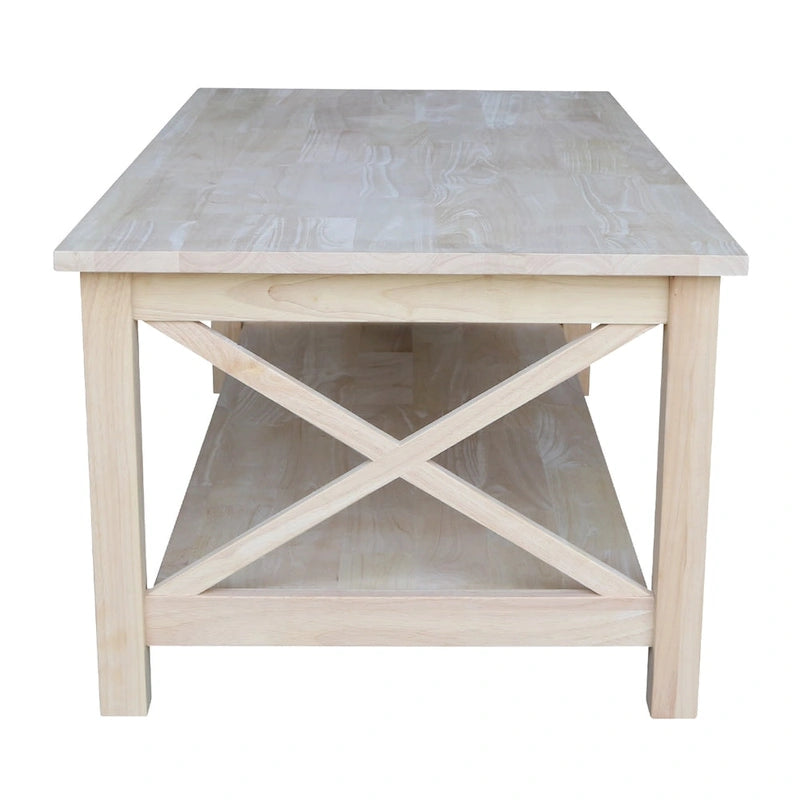 Solid Hardwood Coffee Table with X-Side Design and Lower Storage Shelf