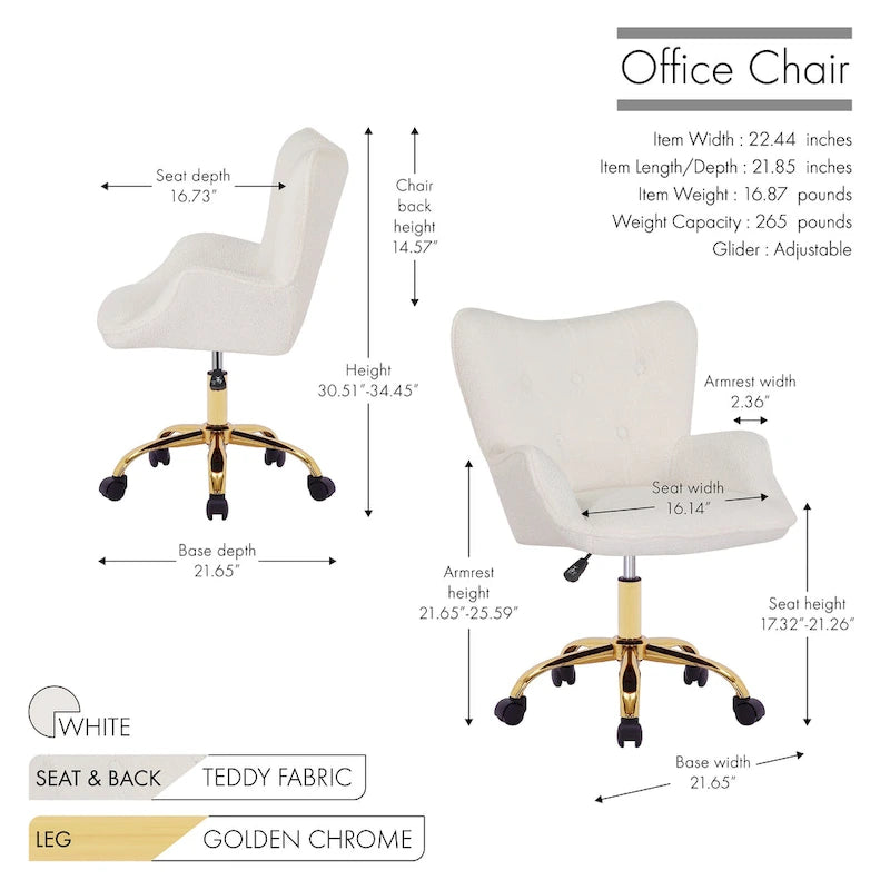 Swivel Office Chair with Teddy Fabric Upholstery and Gold Chrome Base