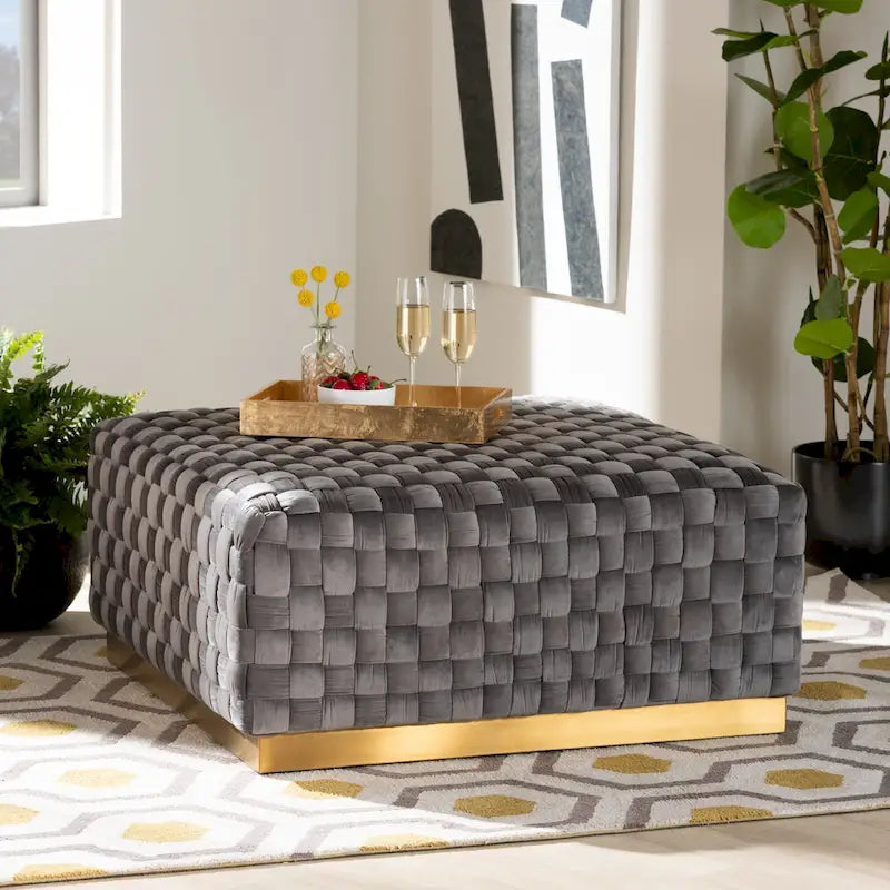 Square Velvet Cocktail Ottoman with Brushed Gold Metal Base