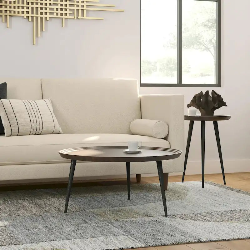 30" Round Solid Acacia Wood Tray-Top Coffee Table with Flared Metal Legs