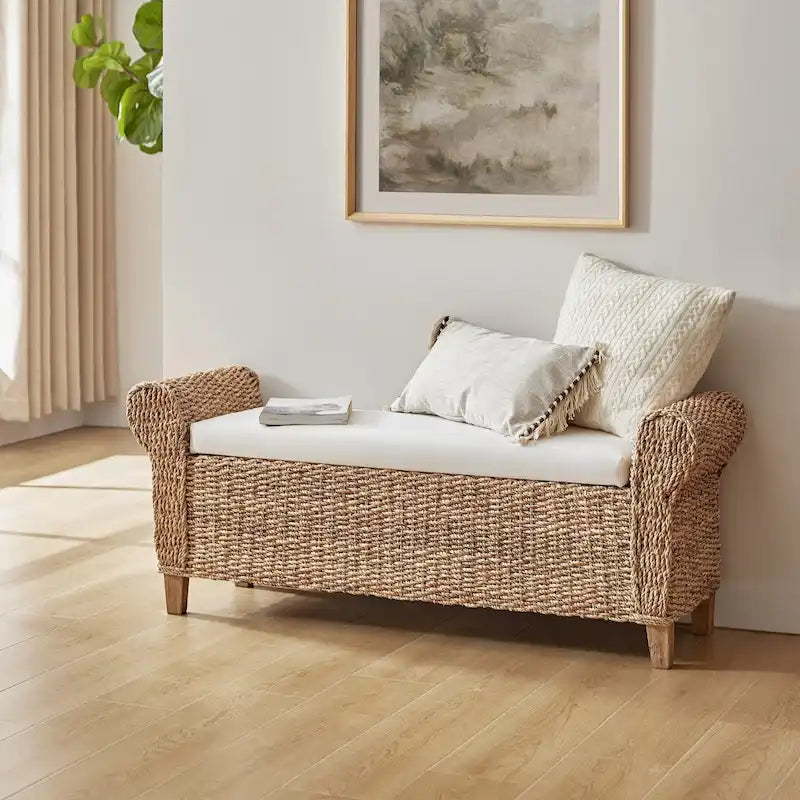 Boho Water Hyacinth Storage Bench with Roll Arms