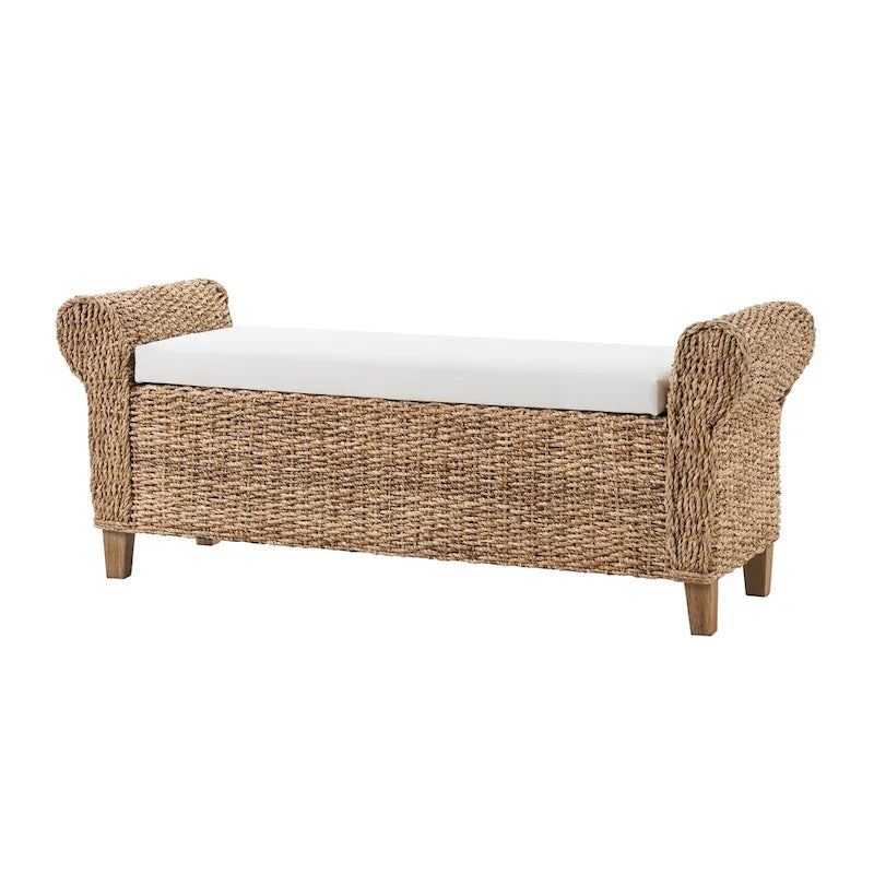 Boho Water Hyacinth Storage Bench with Roll Arms
