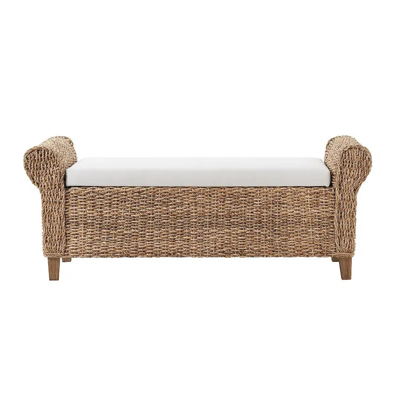 Boho Water Hyacinth Storage Bench with Roll Arms