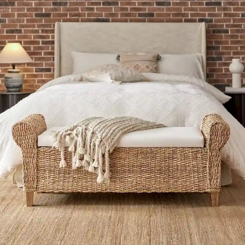 Boho Water Hyacinth Storage Bench with Roll Arms