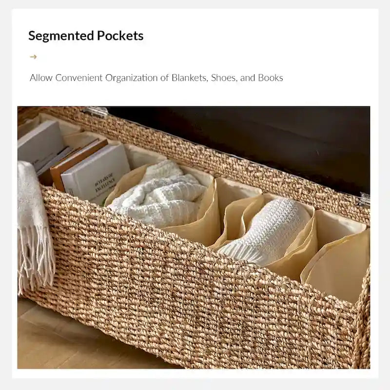 Boho Water Hyacinth Storage Bench with Roll Arms