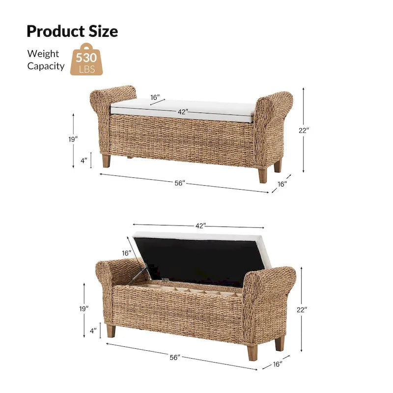 Boho Water Hyacinth Storage Bench with Roll Arms