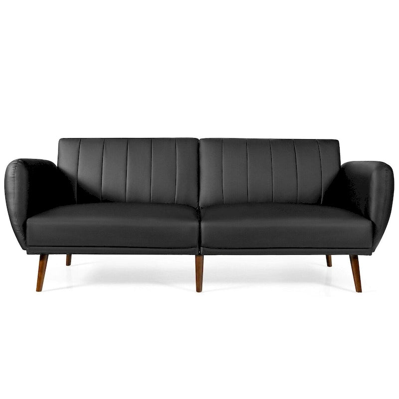 81" Convertible PU Leather Sofa Bed with Adjustable Split Back & Wood Legs
