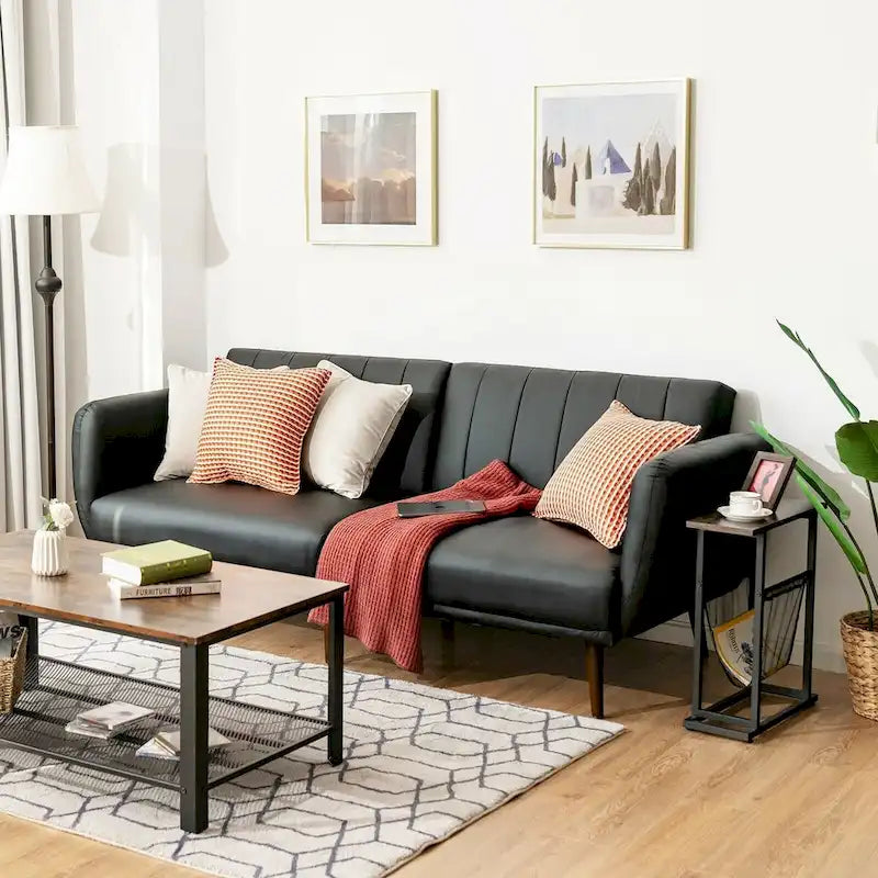 81" Convertible PU Leather Sofa Bed with Adjustable Split Back & Wood Legs