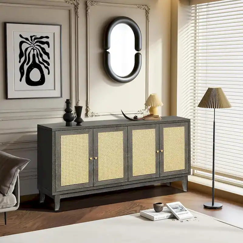 60" Rattan Door Sideboard Buffet Cabinet with Adjustable Shelves