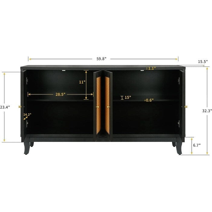 60" Rattan Door Sideboard Buffet Cabinet with Adjustable Shelves