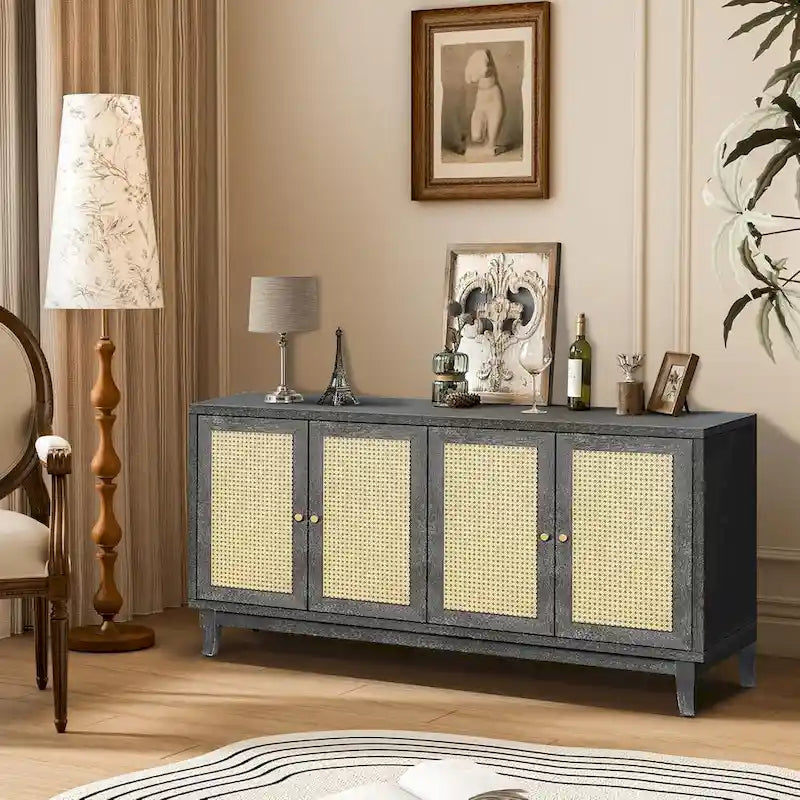 60" Rattan Door Sideboard Buffet Cabinet with Adjustable Shelves