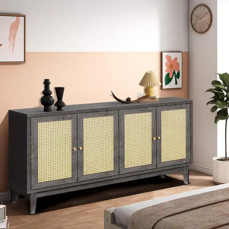 60" Rattan Door Sideboard Buffet Cabinet with Adjustable Shelves