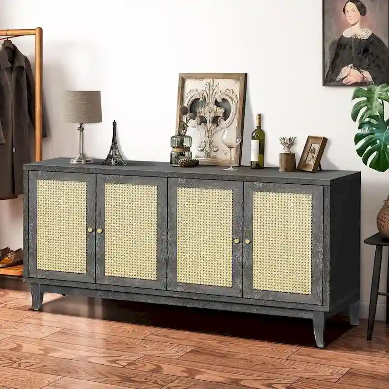 60" Rattan Door Sideboard Buffet Cabinet with Adjustable Shelves