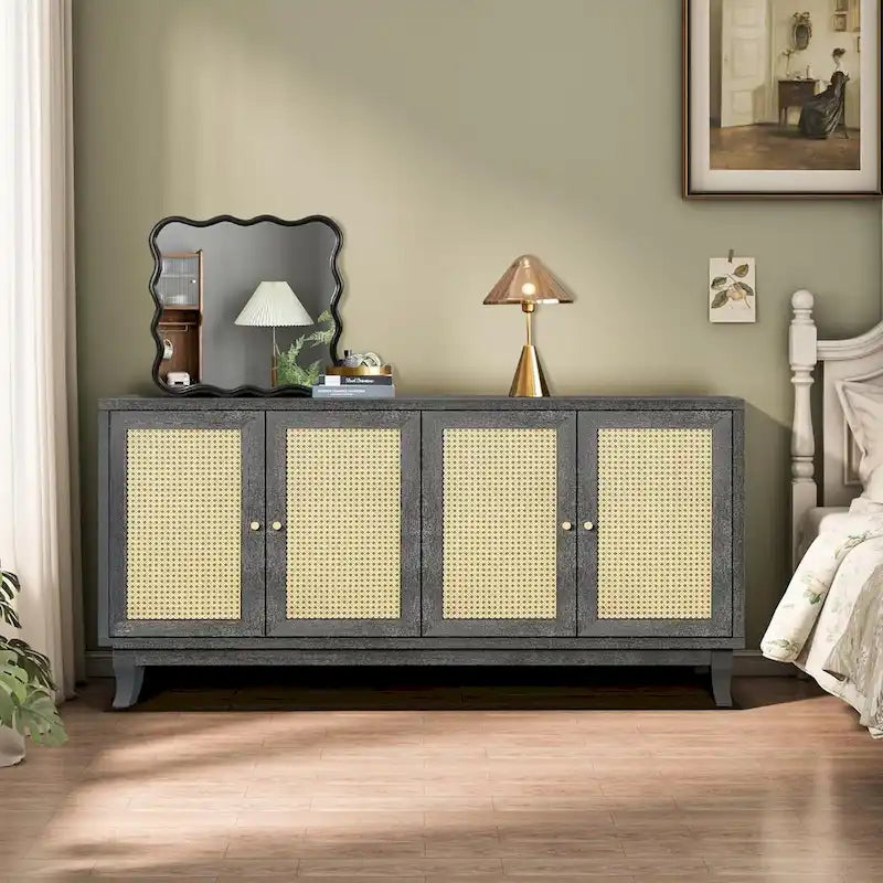 60" Rattan Door Sideboard Buffet Cabinet with Adjustable Shelves