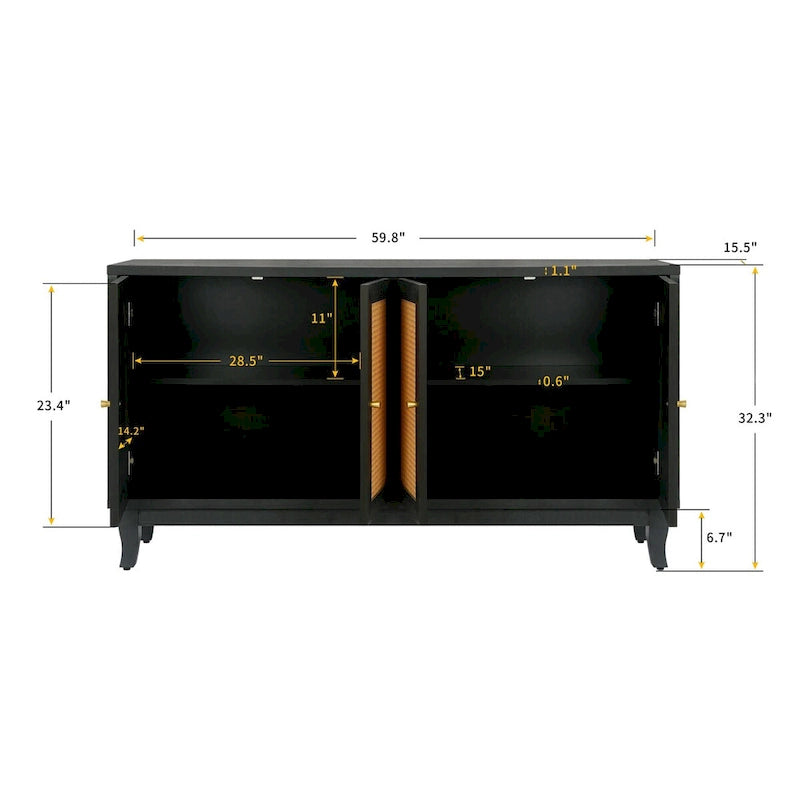 60" Rattan Door Sideboard Buffet Cabinet with Adjustable Shelves