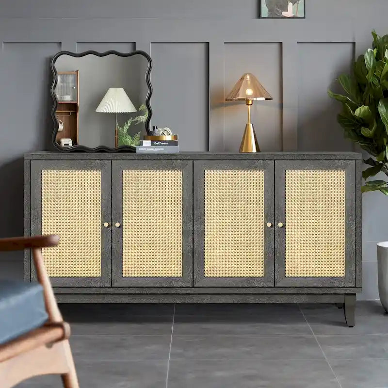 60" Rattan Door Sideboard Buffet Cabinet with Adjustable Shelves
