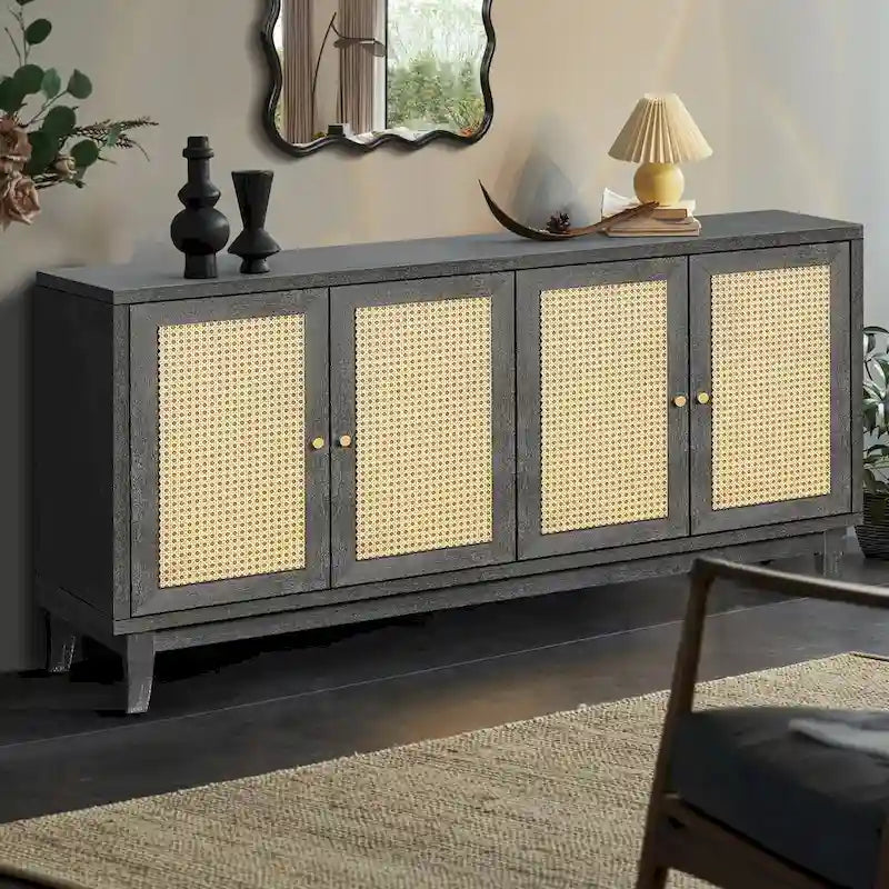 60" Rattan Door Sideboard Buffet Cabinet with Adjustable Shelves