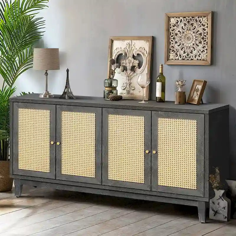 60" Rattan Door Sideboard Buffet Cabinet with Adjustable Shelves