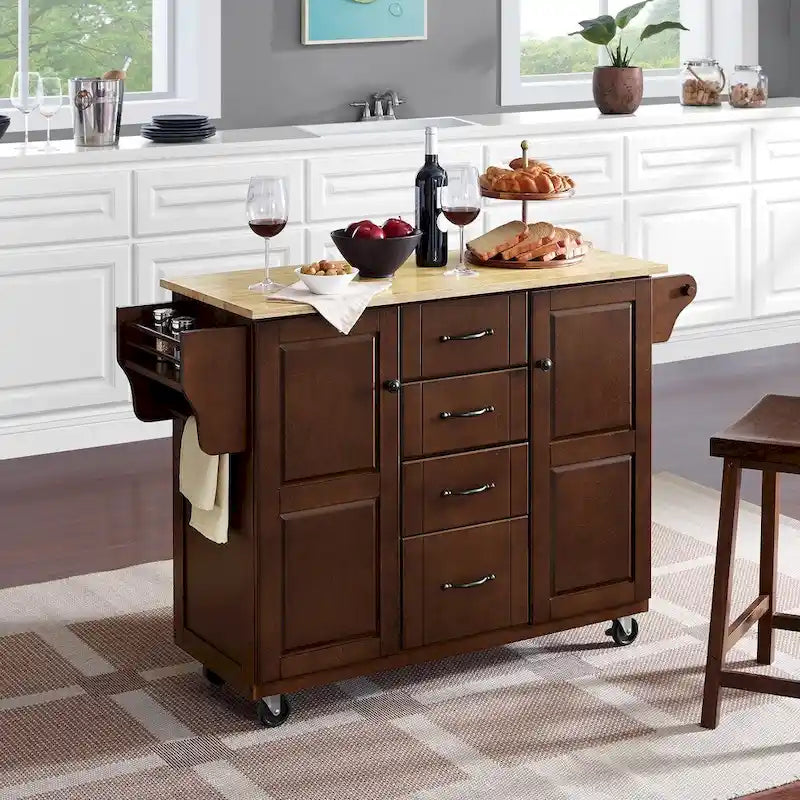 Rolling Kitchen Cart with Natural Wood Top, 4 Drawers and Spice Rack