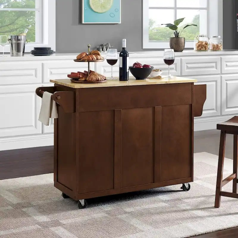 Rolling Kitchen Cart with Natural Wood Top, 4 Drawers and Spice Rack