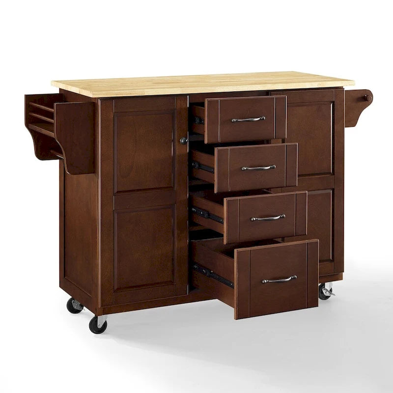 Rolling Kitchen Cart with Natural Wood Top, 4 Drawers and Spice Rack