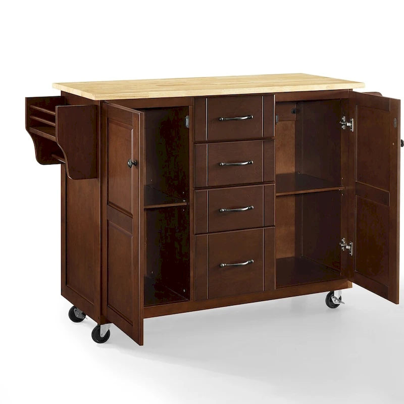 Rolling Kitchen Cart with Natural Wood Top, 4 Drawers and Spice Rack