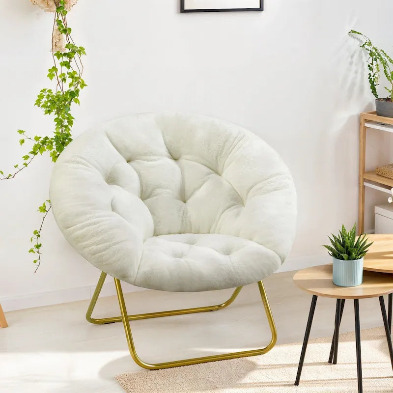 Foldable Faux Fur Saucer Chair with Plush Cushion and Metal Frame