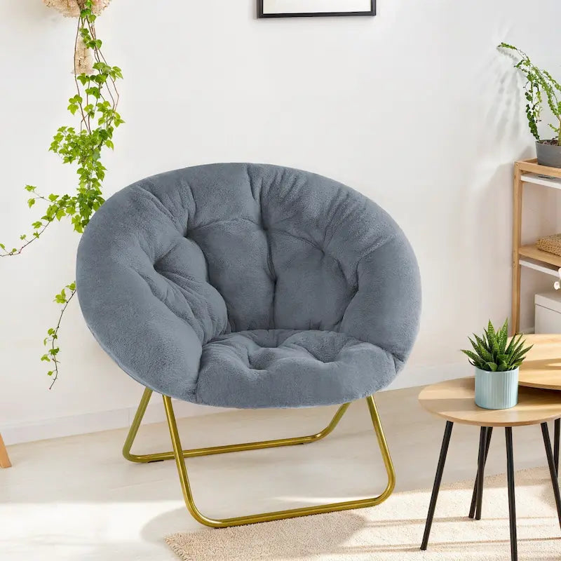 Foldable Faux Fur Saucer Chair with Plush Cushion and Metal Frame