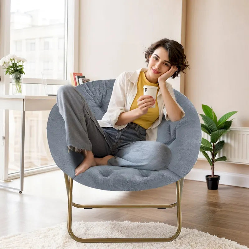 Foldable Faux Fur Saucer Chair with Plush Cushion and Metal Frame