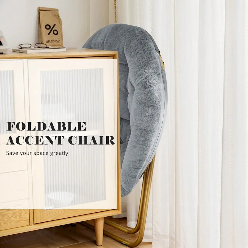 Foldable Faux Fur Saucer Chair with Plush Cushion and Metal Frame
