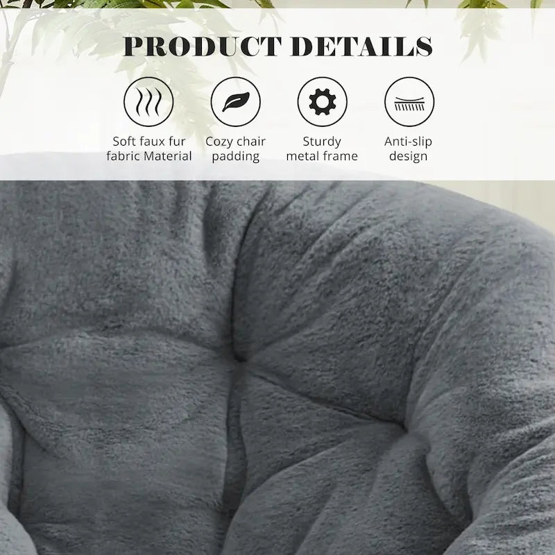 Foldable Faux Fur Saucer Chair with Plush Cushion and Metal Frame