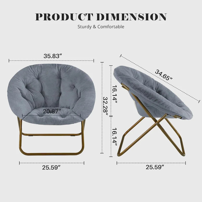 Foldable Faux Fur Saucer Chair with Plush Cushion and Metal Frame