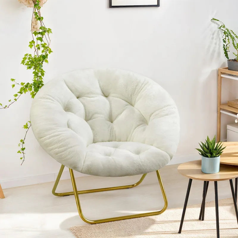 Foldable Faux Fur Saucer Chair with Plush Cushion and Metal Frame