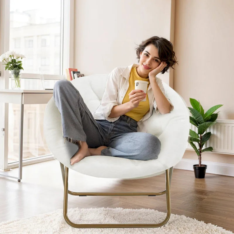 Foldable Faux Fur Saucer Chair with Plush Cushion and Metal Frame