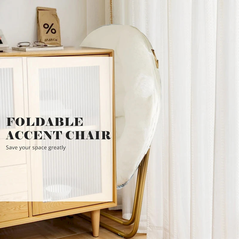 Foldable Faux Fur Saucer Chair with Plush Cushion and Metal Frame