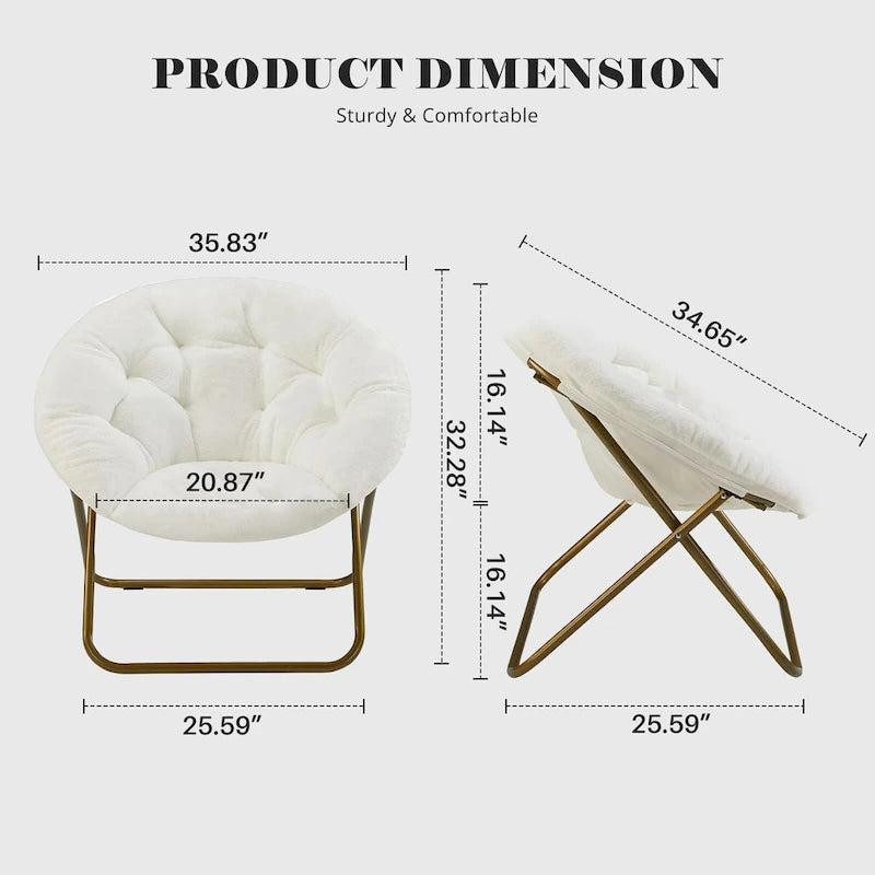 Foldable Faux Fur Saucer Chair with Plush Cushion and Metal Frame
