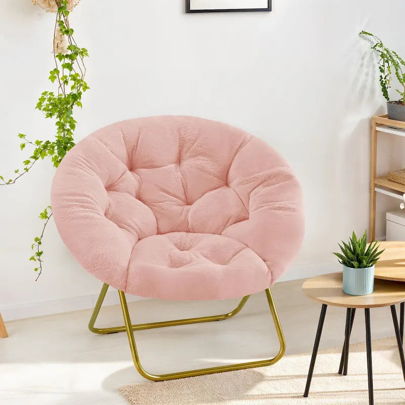 Foldable Faux Fur Saucer Chair with Plush Cushion and Metal Frame