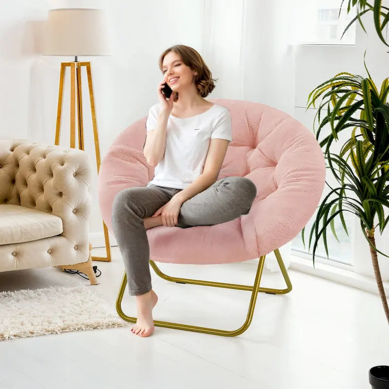 Foldable Faux Fur Saucer Chair with Plush Cushion and Metal Frame