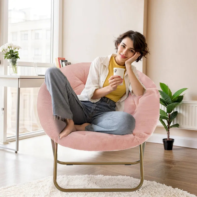 Foldable Faux Fur Saucer Chair with Plush Cushion and Metal Frame
