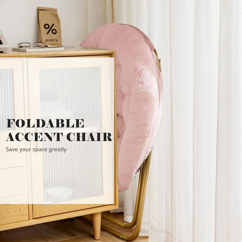 Foldable Faux Fur Saucer Chair with Plush Cushion and Metal Frame