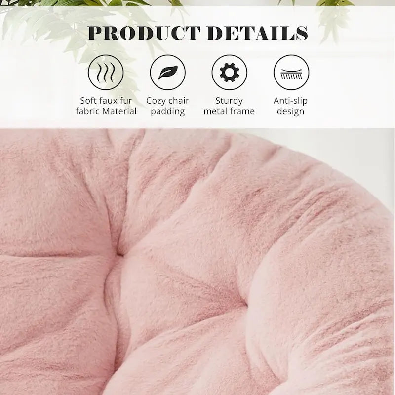 Foldable Faux Fur Saucer Chair with Plush Cushion and Metal Frame