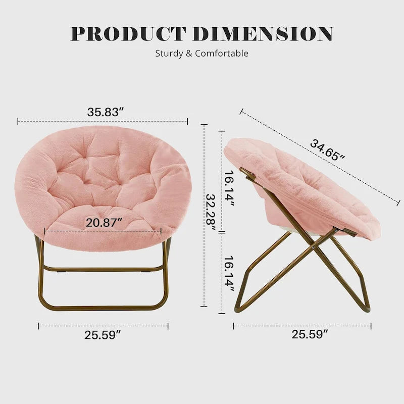 Foldable Faux Fur Saucer Chair with Plush Cushion and Metal Frame