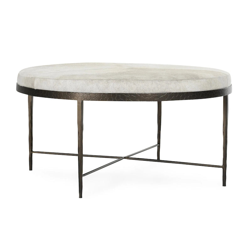 Hair-on-Hide Leather Upholstered Coffee Table with Hammered Iron Base