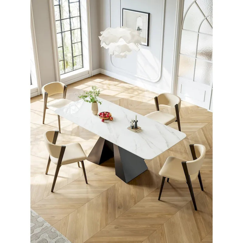 Extendable Rectangular Dining Table with Stone Top and Black Steel Base