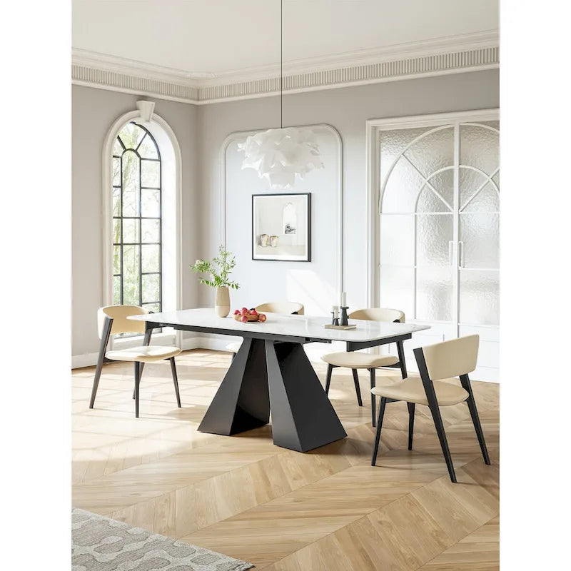 Extendable Rectangular Dining Table with Stone Top and Black Steel Base